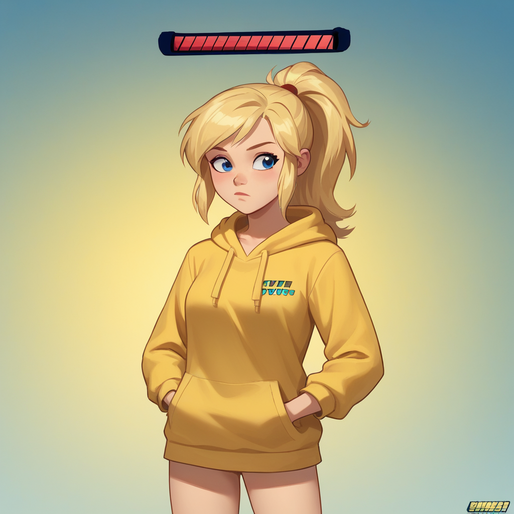 score_8_up, BREAK, 1girl, solo, blonde hair, blue eyes, ponytail, yellow hoodie, cowboy shot, gradient background, HealthBar, Health Bar,  <lora:RedHealthBar_PXL_Leaf1:1>, hands in pockets,