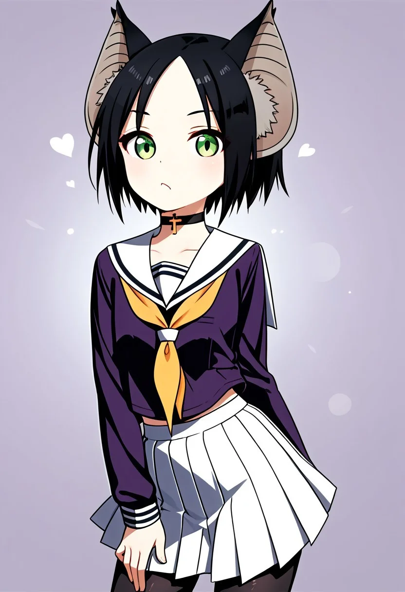 score_9, score_8_up, score_7_up, score_6_up, score_5_up, score_4_up,, 1girl, solo, original anime, Chii Suimori, bat girl, short hair, black hair, bat ears, fluff on ears, bald forehead, flat chest(green eyes: 1.1),
skirt, school uniform, pleated skirt, serafuku, white skirt, shirt, purple shirt, sailor collar, white sailor collar, long sleeves, handkerchief, yellow handkerchief, long pantyhose, black pantyhose, choker with cross