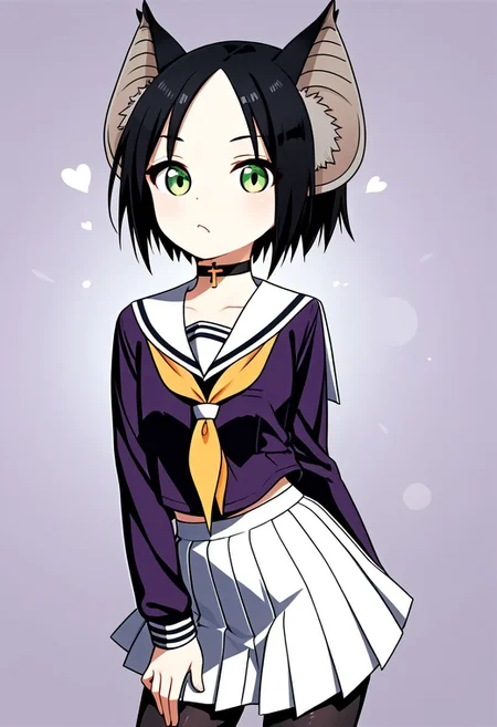 score_9, score_8_up, score_7_up, score_6_up, score_5_up, score_4_up,, 1girl, solo, original anime, Chii Suimori, bat girl, short hair, black hair, bat ears, fluff on ears, bald forehead, flat chest(green eyes: 1.1),
skirt, school uniform, pleated skirt, serafuku, white skirt, shirt, purple shirt, sailor collar, white sailor collar, long sleeves, handkerchief, yellow handkerchief, long pantyhose, black pantyhose, choker with cross