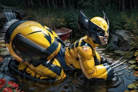 (pooltoy:0.9), floating on pond, canadian wilderness masterpiece ,best quality, side view, full body, sideview, short, (wolverine costume), wolverine mask, butch woman, solo, (wolverine claws:1.1) superhero, breasts
