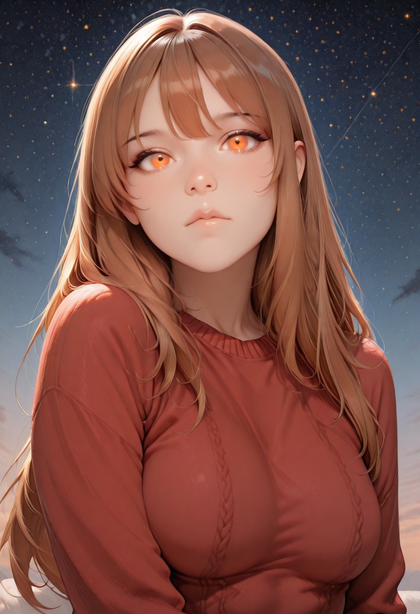 1girl, Sophiesw, long hair, brown hair, bangs, orange eyes, medium breasts,  looking at viewer,
red sweater, portrait,  starry sky, 
lazypos <lora:Sophie_-_OC_by_Shiro-IL-V1:1>