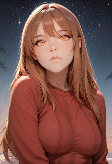 1girl, Sophiesw, long hair, brown hair, bangs, orange eyes, medium breasts, looking at viewer,
red sweater, portrait, starry sky,
lazypos <lora:Sophie_-_OC_by_Shiro-IL-V1:1>