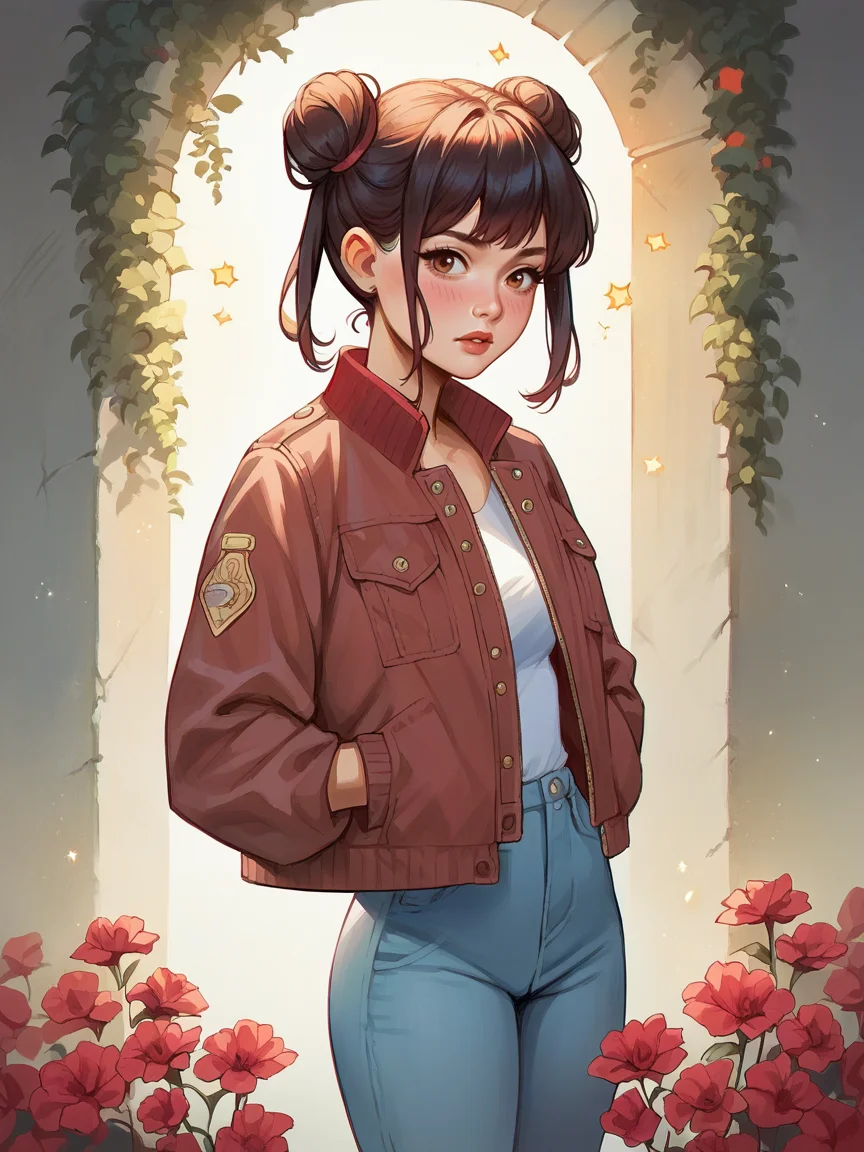source_anime, score_9, score_8_up, score_7_up, score_6_up, score_5_up, <lora:t0sh14XLP:1> t0sh14, red flower, jacket, double bun, blush,