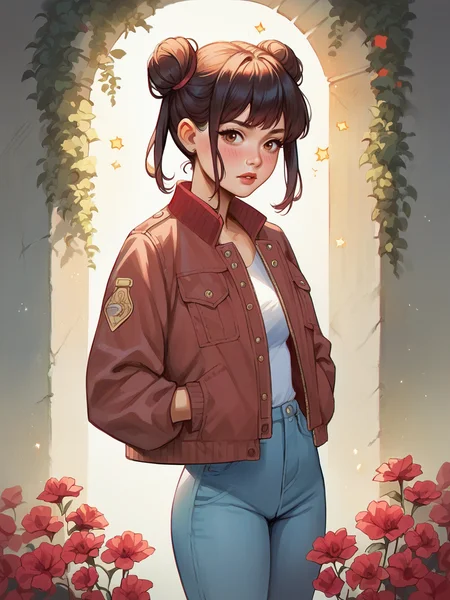 source_anime, score_9, score_8_up, score_7_up, score_6_up, score_5_up, <lora:t0sh14XLP:1> t0sh14, red flower, jacket, double bun, blush,