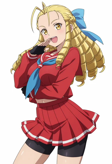masterpiece, best quality,  absurdres, highres, 1girl,  <lora:anime_screencap:1>, anime screencap, anime coloring, 2d, kanzuki karin, antenna hair, blonde hair, drill hair, breasts, black gloves, fingerless gloves, hair bow, hairl pulled back, neckerchief, red serafuku, pleated skirt, red skirt, school uniform, yellow eyes, bike shorts, bike shorts under skirt, ojou-sama pose, hand to own mouth, :d, looking at viewer, safe, simple background, white background