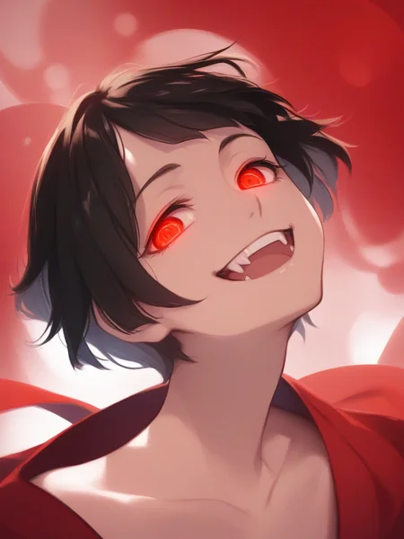 Minimalist style score_9, score_8_up, score_7_up, score_6_up, score_5_up, score_4_up, source_anime, source_cartoon,
1boy, (shaft head tilt), <lora:shaft_head_tilt-PD-1.0:1>,
short hair, black hair, open mouth, abstract background, red theme, glowing eyes, fangs, grin, monogatari \(series\),
. Simple, clean, uncluttered, modern, elegant