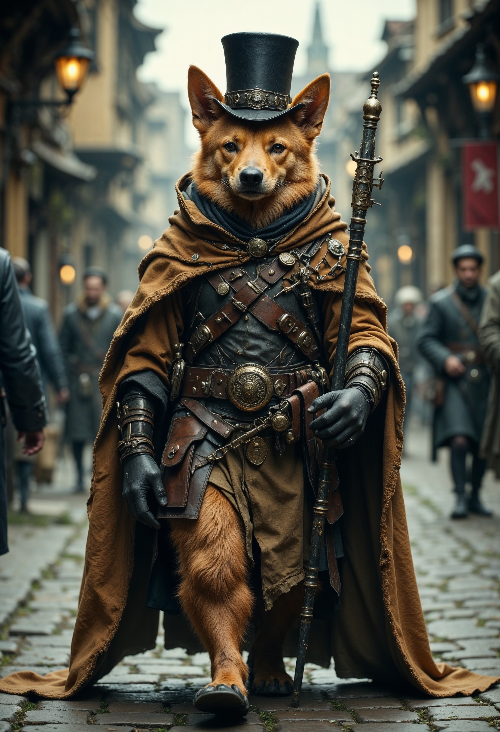 R3alisticF, a highly detailed, photorealistic image of an anthropomorphic dog dressed as a steampunk warrior. The dog wears a tattered brown cloak, leather armor, and a black top hat. It walks confidently on a cobblestone street with blurred, holding a staff, medieval-style buildings and people in the background. The dog's expression is stern, and its fur texture is meticulously rendered. The image evokes a fantasy, Victorian-era atmosphere. <lora:FluxMythR3alisticF:1>