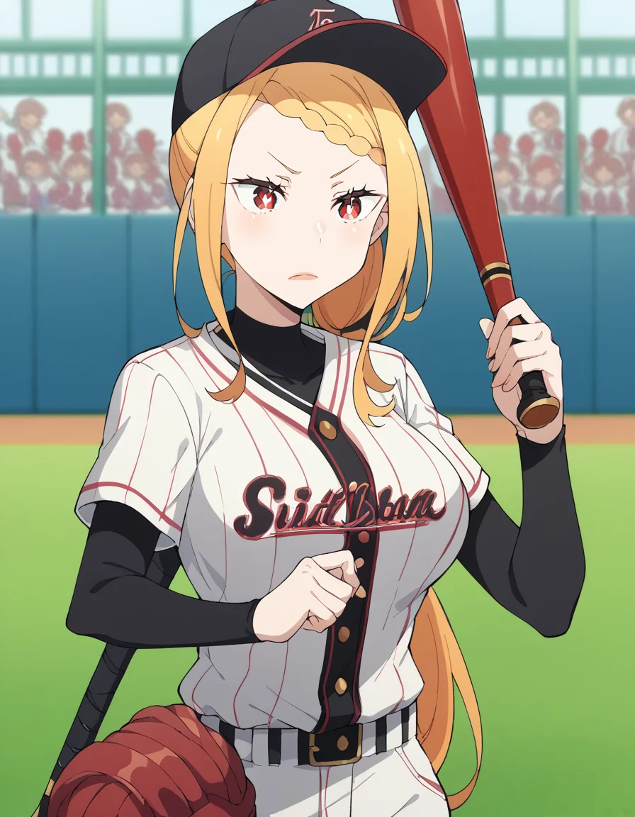 score_9, score_8_up, score_7_up, source_anime, <lora:priscilla-barielle-s3-p1-ponyxl-lora-nochekaiser:1>, priscilla barielle, long hair, blonde hair, red eyes, braid, single braid, braided bangs, one side up, large breasts, bright pupils, white pupils, <lora:baseball-uniform-ponyxl-lora-nochekaiser:1> baseball uniform, baseball, striped belt, shirt under shirt, sportswear, ribbed shirt, baseball helmet, baseball bat, baseball jersey, baseball field, holding baseball bat,, , cowboy shot,