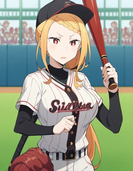 score_9, score_8_up, score_7_up, source_anime, <lora:priscilla-barielle-s3-p1-ponyxl-lora-nochekaiser:1>, priscilla barielle, long hair, blonde hair, red eyes, braid, single braid, braided bangs, one side up, large breasts, bright pupils, white pupils, <lora:baseball-uniform-ponyxl-lora-nochekaiser:1> baseball uniform, baseball, striped belt, shirt under shirt, sportswear, ribbed shirt, baseball helmet, baseball bat, baseball jersey, baseball field, holding baseball bat,, , cowboy shot,