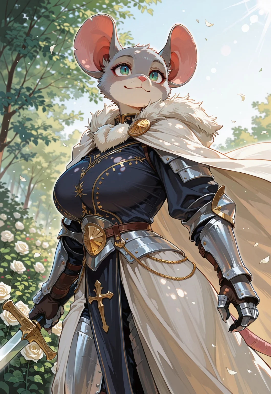 newest, very aesthetic,
score_9, score_8_up, score_7_up, high quality, newest, highres, close up, 1 ratgirl, 1 girl, fur around neck, armored, female knight, gray fur, royalty, (furry), curvy, bashful, very short hair, daylight, day, rat tail, rat ears, (huge breasts), holding sword, pose, battle pose, attacking with sword, dynamic angle, dynamic pose, slight smile flowing cape, facing viewer, countershade fur, bokeh, dappled light, from side, wrapped in shear cloth, curvy, seated, focused gaze, (flowing cloak), glamorous armor, (large breasts:2), detailed background, (white rose garden),
,sunny lighting, bokeh, thin white outline, (sharp detail), masterpiece ,amazing quality, (intricate details:2)
