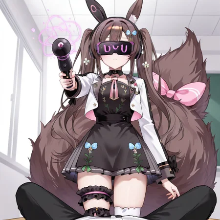 highres, masterpiece, best quality, very aesthetic, absurdres, (1girl),1boy, chigusa hana, virtual youtuber, long hair, brown hair, twintails, animal ears, , hair ornament, cropped jacket, long sleeves, white jacket, collar, flower, black dress, pleated skirt, large tail, bridal garter, striped, single thighhigh, asymmetrical legwear, tail bow empty eyes, expressionless, school, classroom, looking at viewer, (memetic_control), pov_sub, (hypnotized_hypnotist),, (hypnotized_dom), (enemy_conversion), resisting, zkovisor,hypnotic visor, headphone, rabbit ears, :),, femdom, stepped_on,male sub, ray gun, aiming_at_viewer, (hypnotic_beam), (hypnotic_accessory)(kronobas28,),