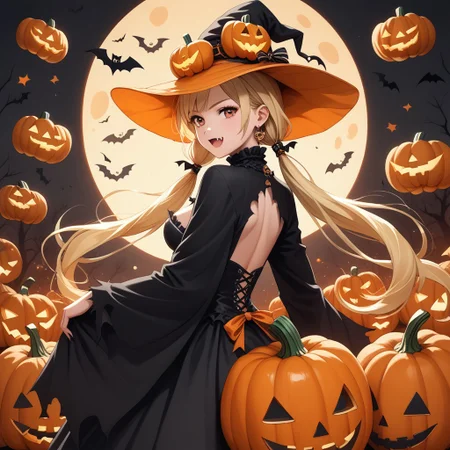 long twintails, blonde hair, pumpkin hat,medium breasts ,fang
gothic dress,torn cloak,
halloween, halloween costume,pose
looking back at viewer
score_9, score_8_up, score_7_up,  masterpiece, best quality, source_anime, source_hentai,  uncensored, detailed background,