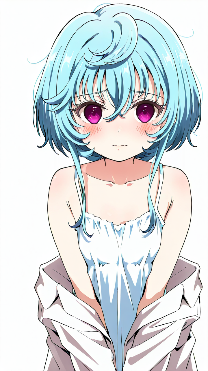white_background,simple background,1girl,solo,full_shot,looking_at_viewer,<lora:Maryberry_Illustrious_v10:1>,Maryberry,blush,anime screenshot,sincos,looking_up,labcoat,camisole,oversized_clothes,shy,white camisole,, masterpiece, best quality