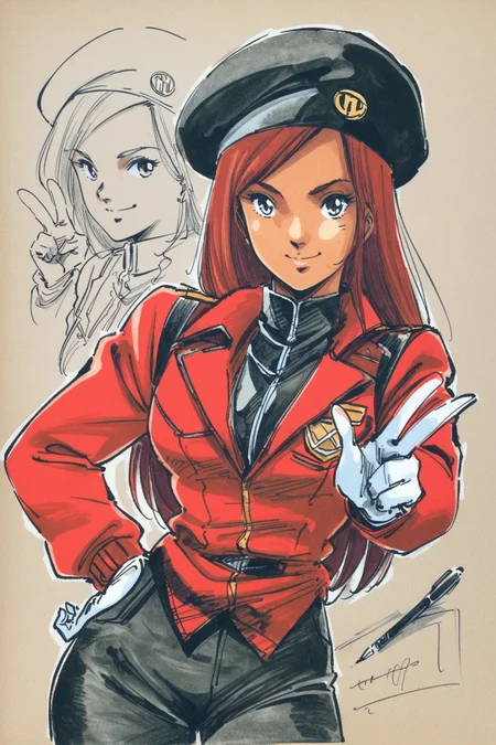 1girl,traditional media,hat,red hair,beret,dark skin,hand on hip,gloves,smile,long hair,pants,dark-skinned female,marker (medium),red jacket,white gloves,jacket,uniform,pen,looking at viewer,v,partially colored,pencil,sketch,black headwear,<lora:Haruhiko Mikimoto_XL_V2:0.8>,