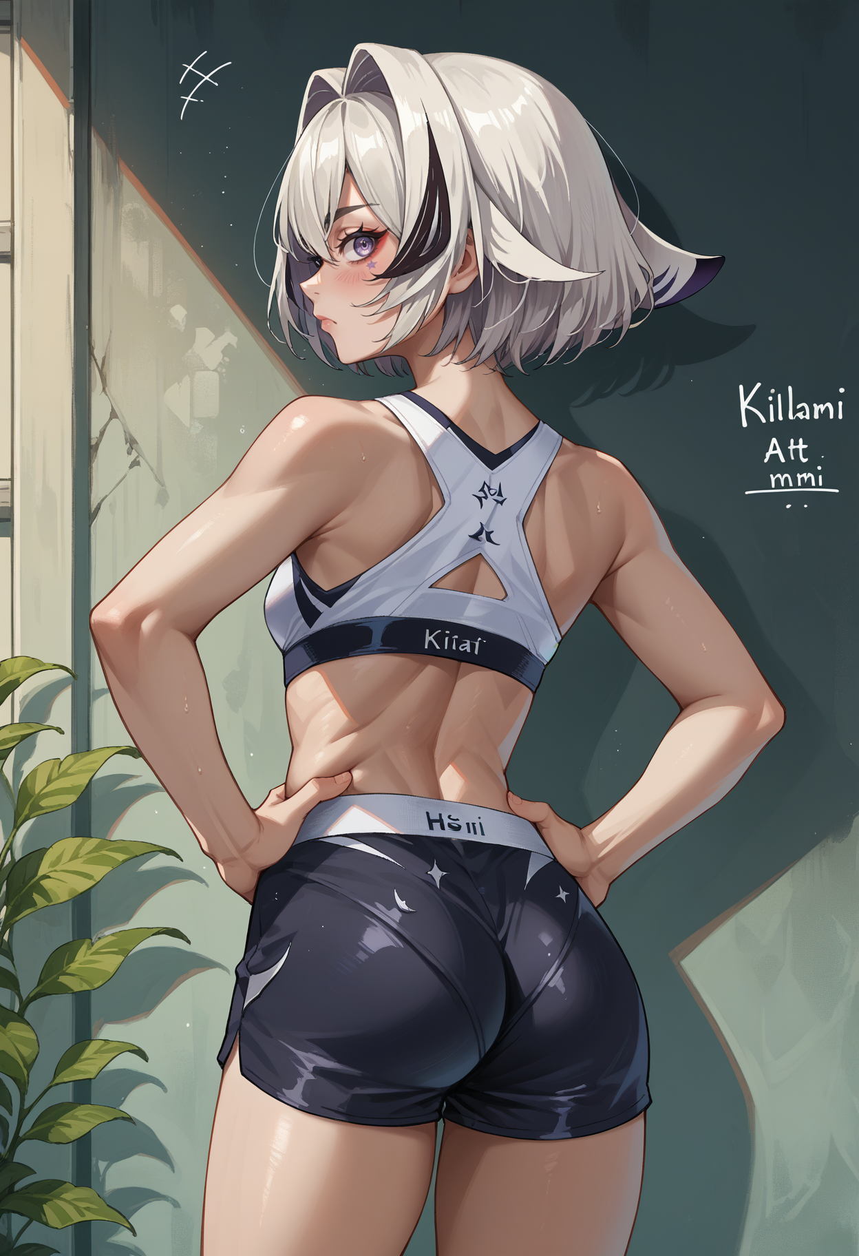 score_9, score_8_up, source_anime, 1girl, solo, KiliaKurayami, streaked hair, short hair, hair intakes, facial mark, fish tail, from behind, looking back, hands on hips, sports bra, black shorts, ass, <lora:ChamKiliaKurayamiPonyXL:1>