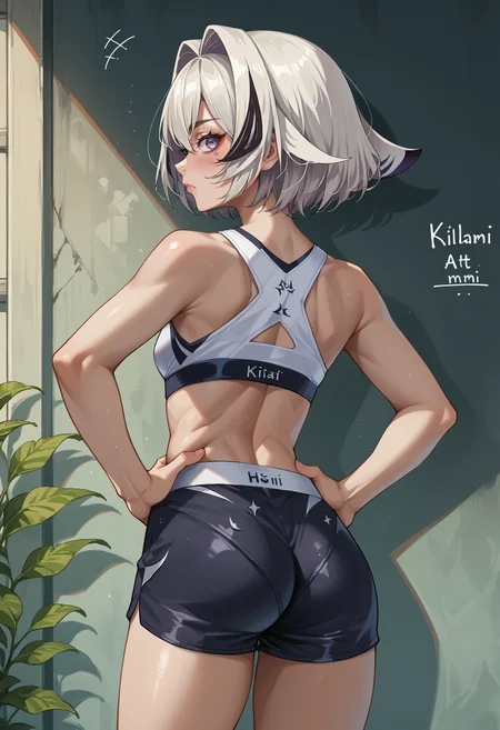 score_9, score_8_up, source_anime, 1girl, solo, KiliaKurayami, streaked hair, short hair, hair intakes, facial mark, fish tail, from behind, looking back, hands on hips, sports bra, black shorts, ass, <lora:ChamKiliaKurayamiPonyXL:1>