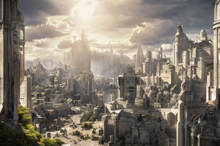 "A windswept hilltop overlooking the sprawling city of Minas Tirith, where white towers gleam in the sunlight and the banners of Gondor flap defiantly in the breeze, as brave warriors prepare for the coming storm and the fate of Middle-earth hangs in the balance. Majestic, defiant, grand, epic, resolute, fortified." Numenor