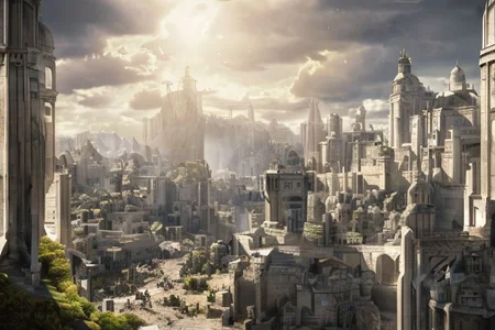 "A windswept hilltop overlooking the sprawling city of Minas Tirith, where white towers gleam in the sunlight and the banners of Gondor flap defiantly in the breeze, as brave warriors prepare for the coming storm and the fate of Middle-earth hangs in the balance. Majestic, defiant, grand, epic, resolute, fortified." Numenor