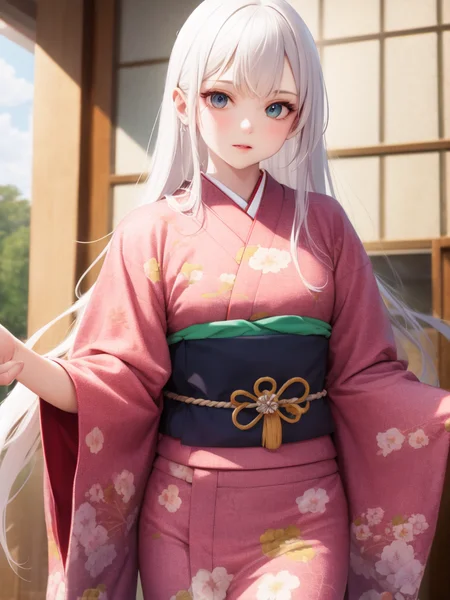furisode, obi, white hair, long hair, indoors, cowboy shot,