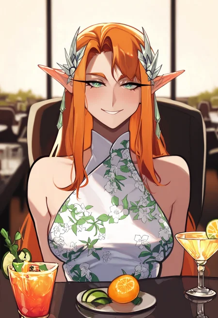score_9, score_8_up, score_7_up,
1girl, pointed ears, elf, long hair, orange hair, green eyes, light smile, hair ornament, satin dress, cocktail dress, floral print,
pov across table, pov dating, sitting, smile, food, cup, upper body, restaurant, fruit, chair
<lora:Anrosmas_Style:1>, anrosmas