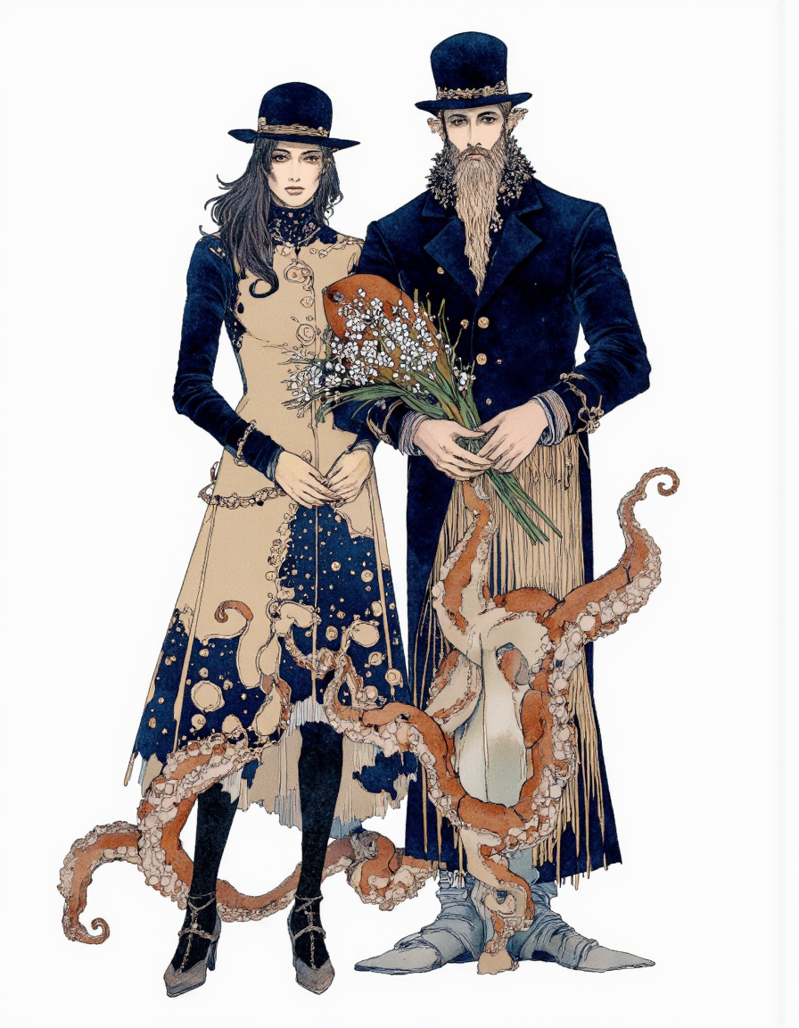 Art by Akiya Kageichi. A digital illustration shoot from a front camera angle about a stylized illustration featuring two figures dressed in dark blue and beige outfits, standing closely together in a symmetrical composition. the background is a plain white, providing a stark contrast to the dark blue color of the outfits. on the left side of the image, a woman, who appears to be a adult, stands with her hands on her hips, wearing a long, flowing dress with intricate patterns and a top hat with a wide brim. her hair is styled in a long hair, and she has a neutral expression on her face. her eyes are not visible, but her body is slim and her face is obscured by her hair. she is facing the viewer, and her expression is neutral. her hands are clasped together in front of her. on her right side, a man, who is standing with his arms around her waist, is wearing a dark blue top hat and a long dress with a floral pattern. he has a long beard and is holding a bouquet of flowers in his hands. on his left side, there is a small, brown creature, possibly an octopus-like creature with tentacles. the creature is positioned in the middle of the two figures, and it is positioned on the right side. the overall style of the illustration is reminiscent of modern fashion, with bold lines and intricate details that add to the overall aesthetic.