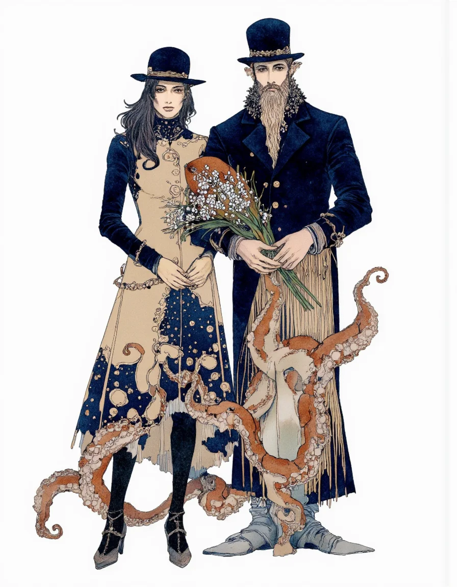 Art by Akiya Kageichi. A digital illustration shoot from a front camera angle about a stylized illustration featuring two figures dressed in dark blue and beige outfits, standing closely together in a symmetrical composition. the background is a plain white, providing a stark contrast to the dark blue color of the outfits. on the left side of the image, a woman, who appears to be a adult, stands with her hands on her hips, wearing a long, flowing dress with intricate patterns and a top hat with a wide brim. her hair is styled in a long hair, and she has a neutral expression on her face. her eyes are not visible, but her body is slim and her face is obscured by her hair. she is facing the viewer, and her expression is neutral. her hands are clasped together in front of her. on her right side, a man, who is standing with his arms around her waist, is wearing a dark blue top hat and a long dress with a floral pattern. he has a long beard and is holding a bouquet of flowers in his hands. on his left side, there is a small, brown creature, possibly an octopus-like creature with tentacles. the creature is positioned in the middle of the two figures, and it is positioned on the right side. the overall style of the illustration is reminiscent of modern fashion, with bold lines and intricate details that add to the overall aesthetic.