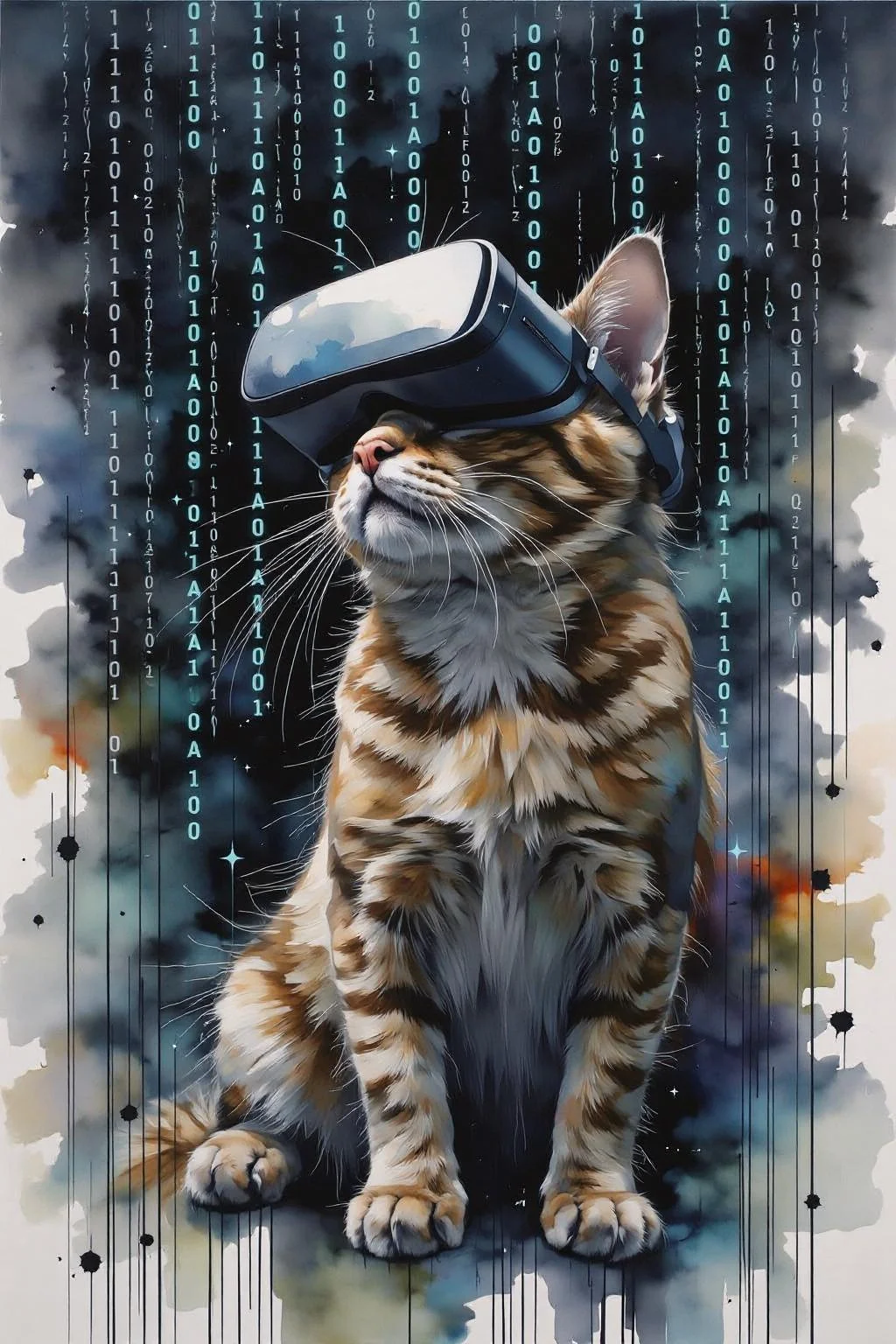 yawc1 watercolor.
A matrix code waterfall is filling the screen, double exposure with A cat playing game, wearing a VR Headset, looking up. The headset is displaying the matrix code waterfall <lora:schnell_v1.0:1.0> <lora:yawcolor_flor2_d4a2:1.0><lora:798981032507576828:0>