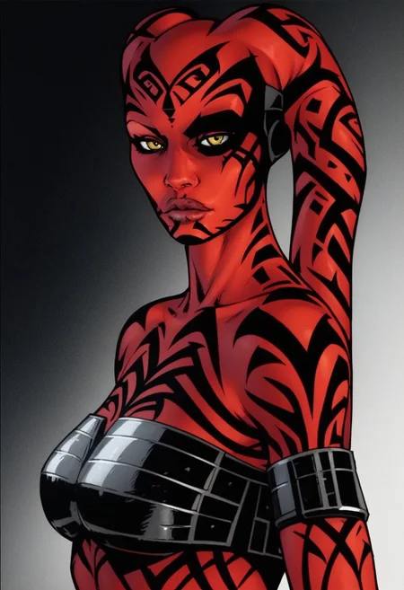 score_9, score_8_up, score_7_up, (1girl, darth_talon, twilek, red skin, sith tattoos, black bra, armored_gloves, yellow eyes, slender female, medium breasts, seductive expression, fit female), looking at viewer, breast portrait, side view, perfect face, perfect eyes,