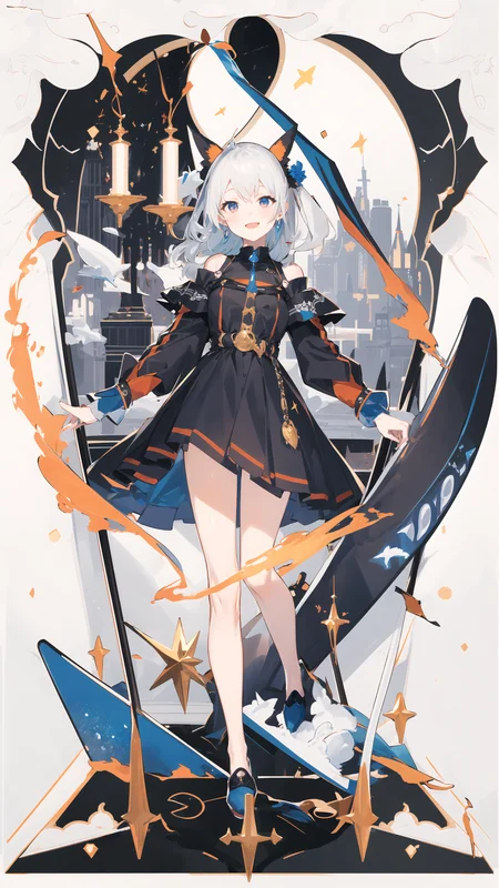 masterpiece, best quality, 1girl, solo, night, colorful, cityscape, fantasy, light smile, (white background:1.2), full body, <lora:animetarotV41:1>
