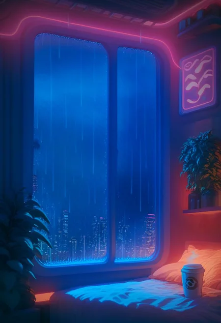 score_9,score_8_up,score_7_up,score_6_up,
steaming coffee cup on windowsill, plants on the windowsill, wall of plants, monstera plant, large plant, tidy bedrrom, small room, cramped bedroom, teddies on the bed, cyberpunk city view out of the window, neon light, purple neon lights, rain, rain outside, rain on the window, rain only in the window frame, rain only outside, cat sleeping on the bed, cat on the bed