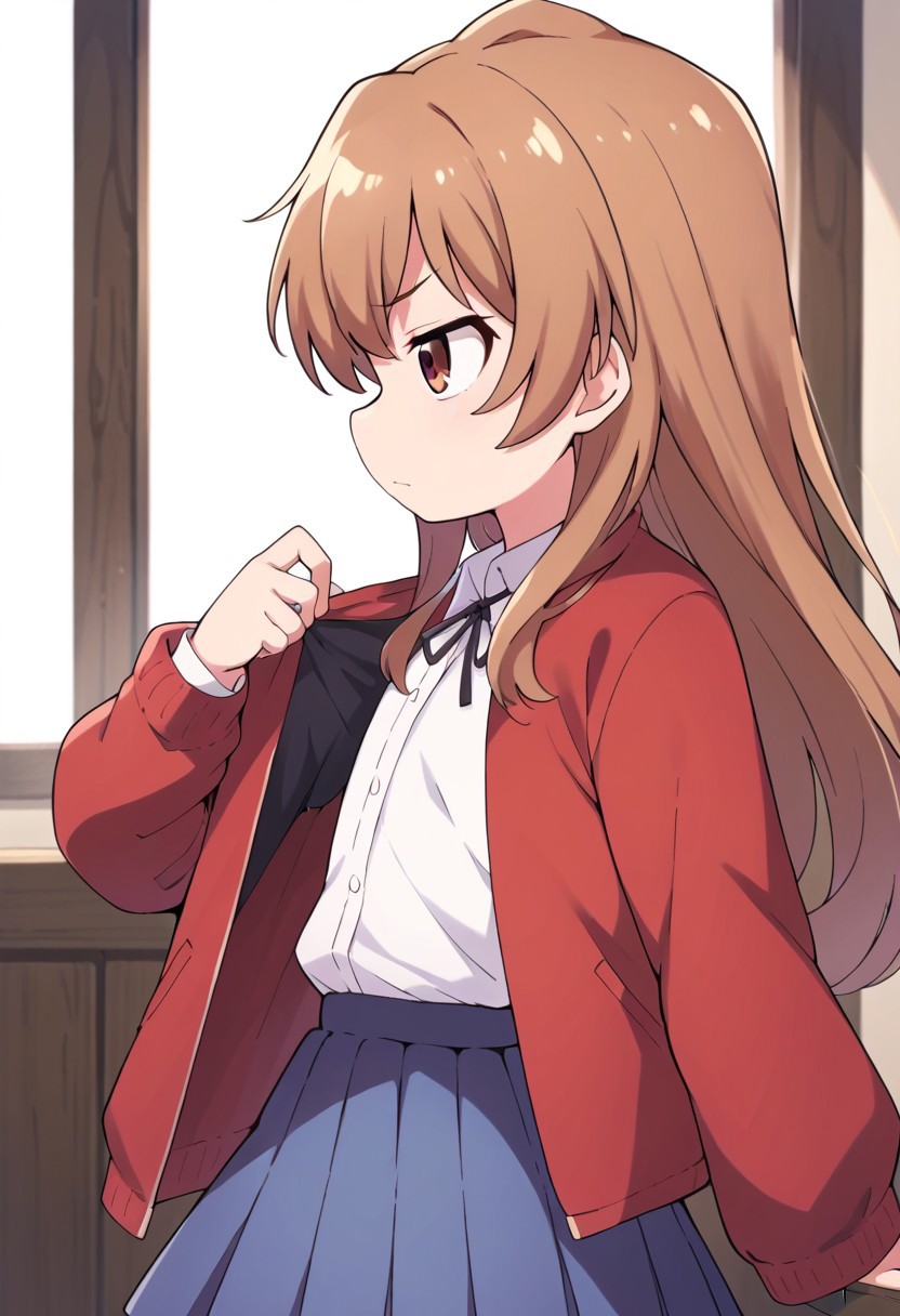 (zPDXL3), 
(zPDXLxxx), 
hiroki, 
1girl, 
solo, 
Aisaka_Taiga
brown_eyes, brown_hair, long_hair, flat_chest, pleated_skirt, blue_skirt, white_shirt, collared_shirt, black_thighhighs, black_ribbon, neck_ribbon, jacket, red_jacket,
side view, 
bust up,