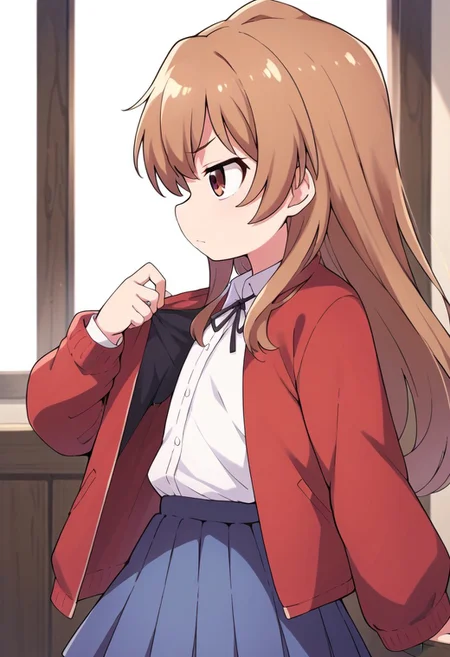 (zPDXL3), 
(zPDXLxxx), 
hiroki, 
1girl, 
solo, 
Aisaka_Taiga
brown_eyes, brown_hair, long_hair, flat_chest, pleated_skirt, blue_skirt, white_shirt, collared_shirt, black_thighhighs, black_ribbon, neck_ribbon, jacket, red_jacket,
side view, 
bust up,