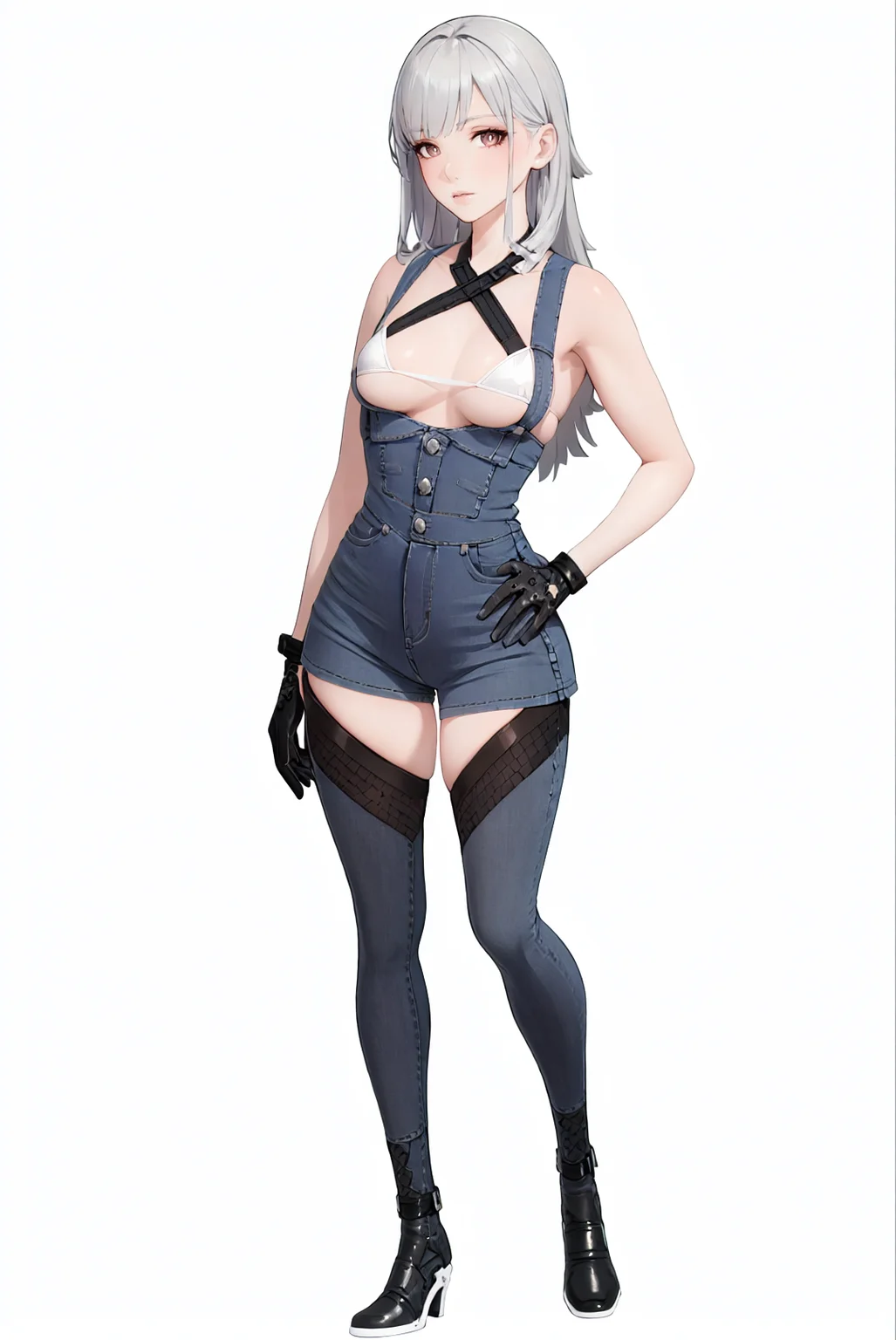 8k, best quality, masterpiece, (ultra-detailed:1.1), (high detailed skin),
(full body:1.4), white background, standing, looking at viewer, (solo:1.4), hand on hip,
<lora:Helia-v100-000016:0.8:lbw=OUTALL>, Helia, 1girl, gloves, long hair, grey hair, navel, pantyhose, shorts, breasts,
full_shot,
(white background, simple background:1.3),
(beautiful_face), ((intricate_detail)), clear face,
((finely_detailed)), fine_fabric_emphasis,
((glossy)), full_shot, <lora:Bikini+Overalls:0.8>, 1girl, white bikini, overalls, denim shorts, bare arms,