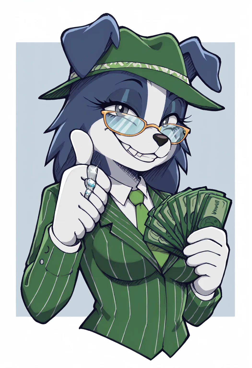 score_9, score_8_up, source_furry, indoors, <lora:Riders_XL_V2:1>, solo, medium breasts, ((light blur fur)), glasses, Mobian Female ((Border Collie)), body fur, Fur with Markings ((((Blue Color)))), comb over, boob window, smile, grey eyes, light blue hair, light blue fur, <lora:gangstersb-guy-PONYv1:1>, gangstersb, thumbs up, one eye closed, grin, smile, money, holding money, portrait, cropped torso, ring, formal, hat, green headwear, necktie, suit, striped, looking at viewer
