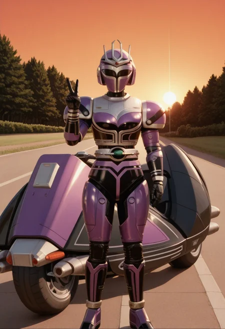 anime screencap, anime coloring,
solo, 1girl, (covered neck), facing viewer, (fron_view:1.2), BREAK
Tent0u, robot, tokusatsu, solo, armor, bodysuit, shoulder pad, belt, boots, (standing:2), front view, v_sign hand, lean_on_motorbike, motorbike_sideview, outdoors, road, sunset, dramatic lighting