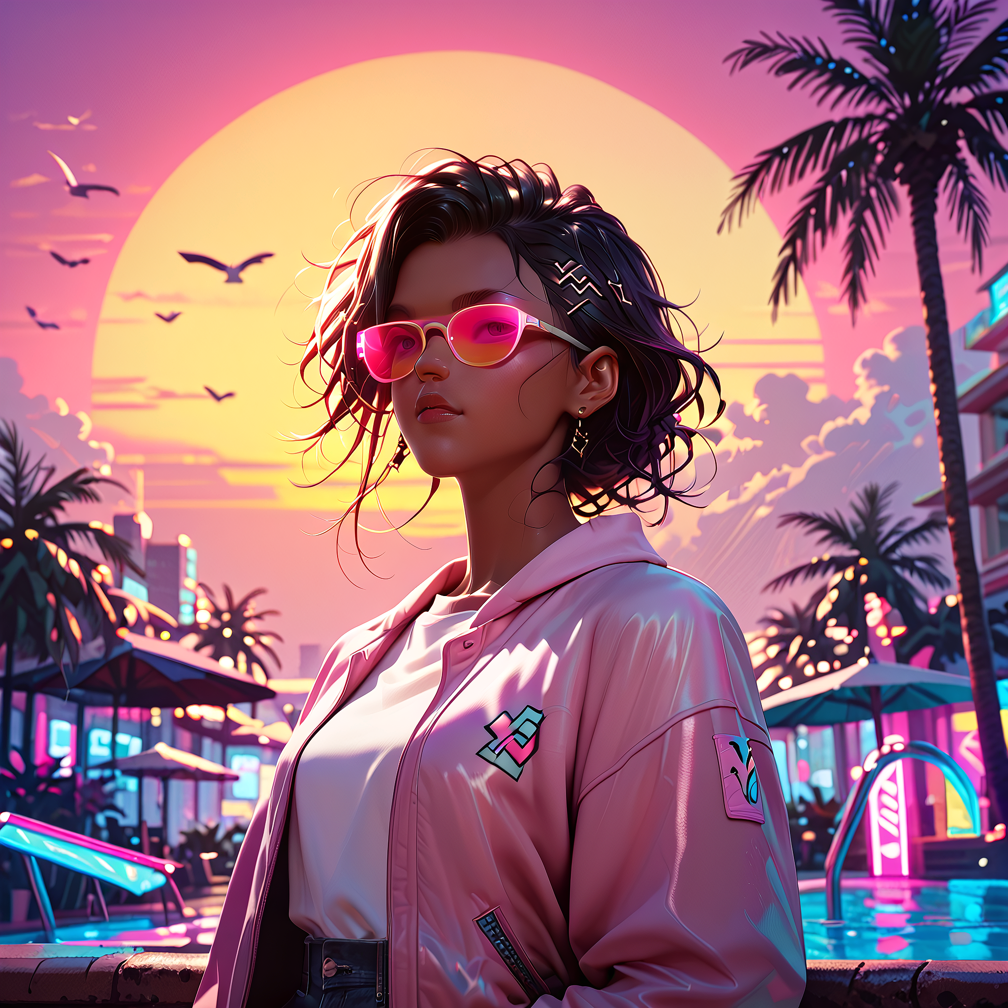 synthworld, synthwave, girl, cyberpunk, dark skin, hoodie, pink sunglasses, neon, sunset, palm trees, sun, pony_lazyup, pony_zPDXL3, score_9, score_8_up, score_7_up, s masterpiece, very aesthetic, absurdres, <lora:pony_synthworld_V2:1.0>