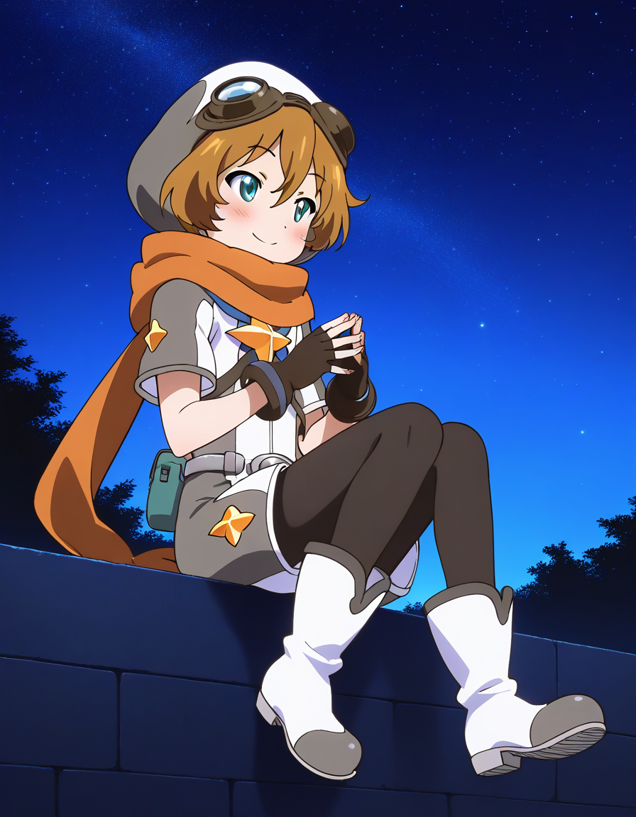 general,highres, ultra-detailed,very aesthetic,best quality ,best hands,  BREAK <lora:Elnath_Houkago_no_Pleiades_IS:1> Elnath(Pleiades), 1boy,solo, scarf, goggles, brown hair, goggles on head, short hair, aqua eyes, 
fingerless gloves,  pantyhose, long hair, gloves, night, smile, sitting,
white boots, outdoors, blush,   mary janesã
night, star sky,