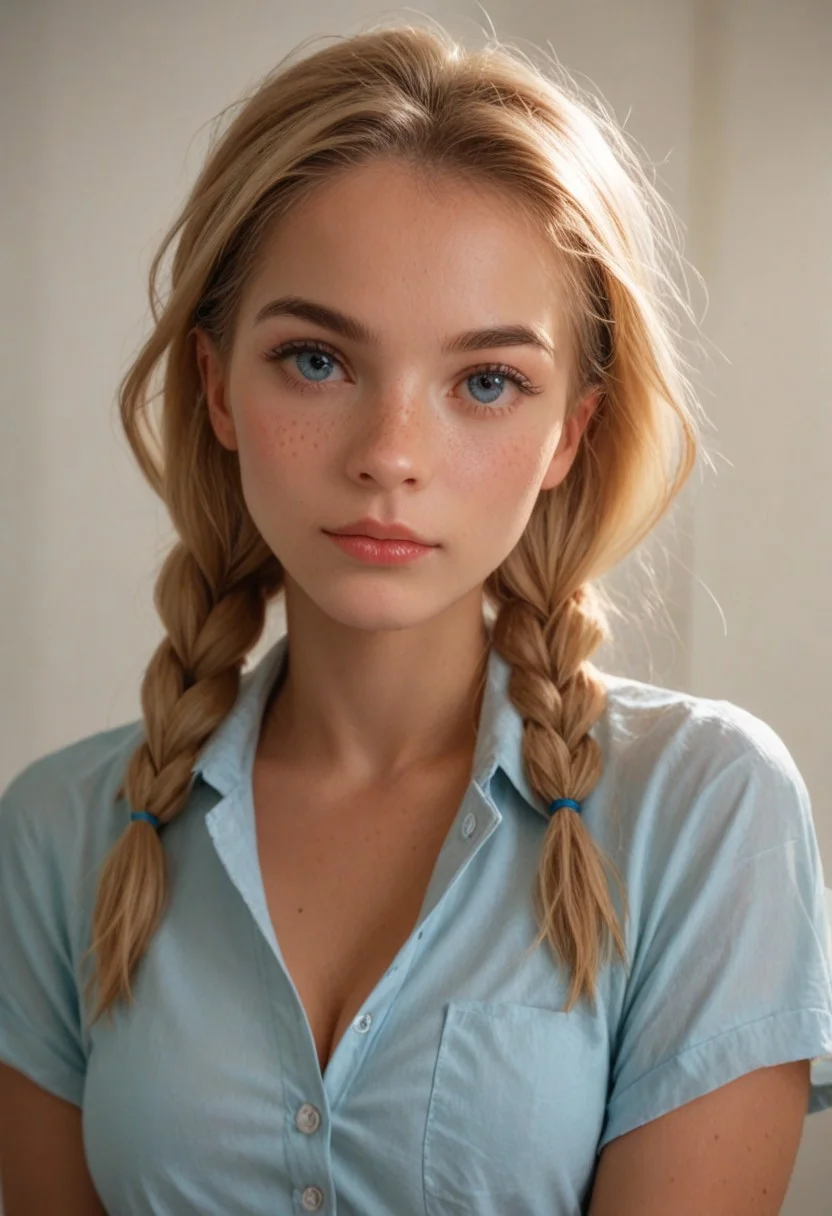score_9, score_8_up, score_7_up, score_6_up,
(Photorealistic, real photo, realistic),
1girl, 18yo, beautiful cute face,
blonde hair, braids,
ice blue eyes, freckles, tan skin,
perfect medium breasts,
hips,
wearing button up shirt