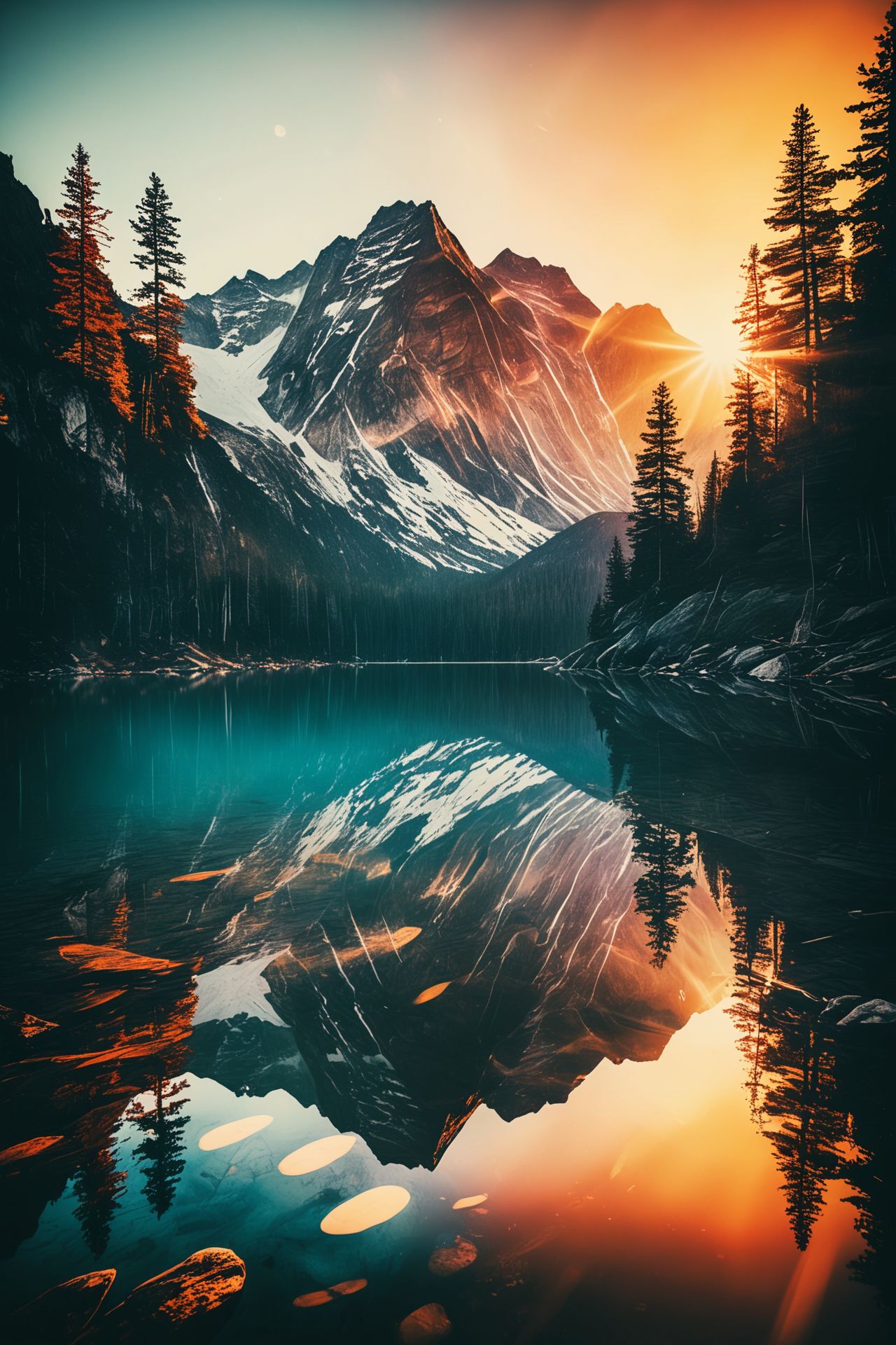 "A serene mountain lake reflecting the surrounding peaks and a vibrant sunrise. The image should be photorealistic, ultra-high resolution, and capture the tranquil atmosphere and natural beauty. The colors should be rich and vibrant, enhancing the sense of peace and serenity." 
,  <lora:CBS_novuschroma37 style_b:1> novuschroma37 style, style of experimental photography, double exposure