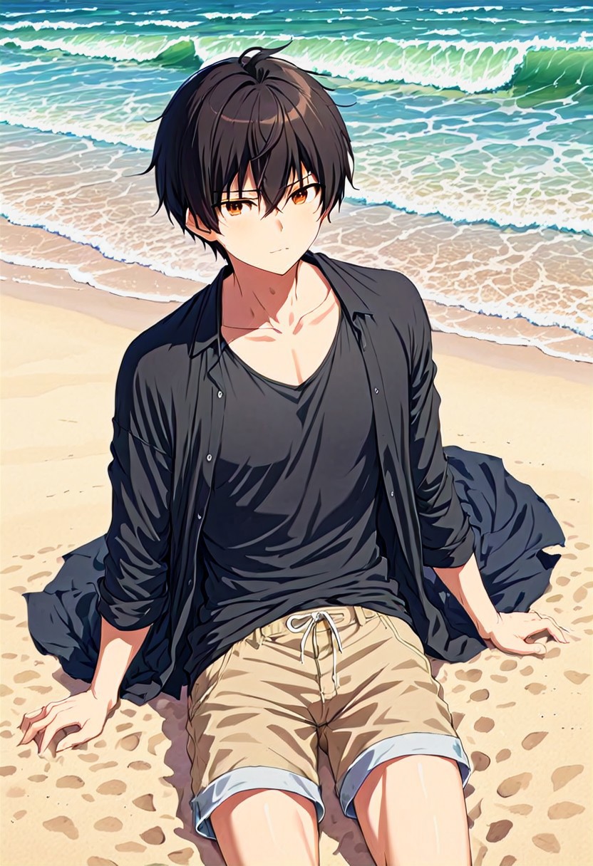 high resolution, solo, best quality, 1Boy, Seiya Kanie, Black Hair, Short Hair, Thin, Brown Eyes, At the beach, sand, waves, relaxation, shorts, open shirts, black t-shirts, layering look style,