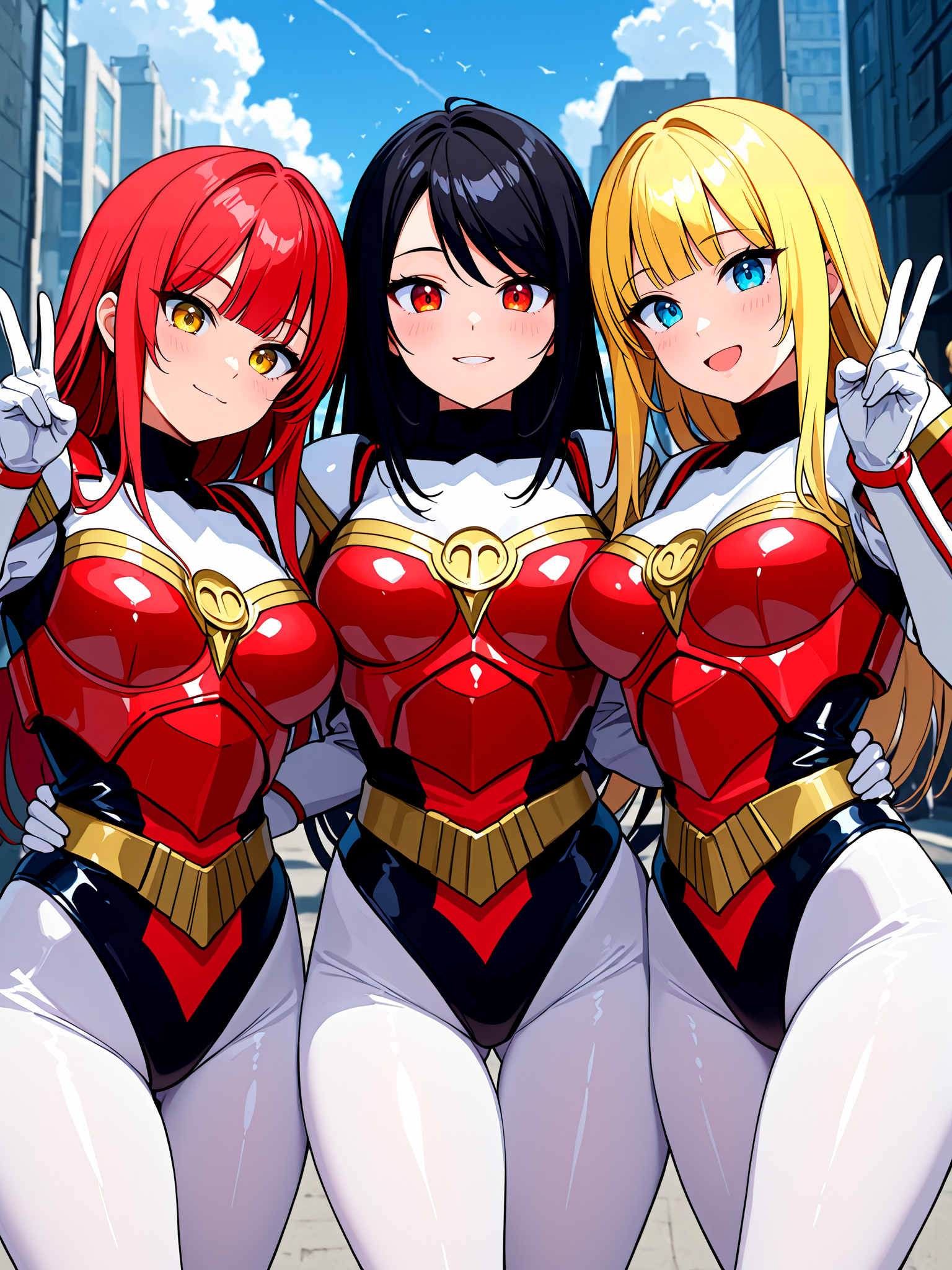 3girls, sazermithras, white bodysuit, bodysuit under clothes, black neck, multicolored leotard, two-toned leotard, black leotard, red leotard, <lora:Sazer_Mithras_IL:1>, armor, (breastplate, boobplate:1.2), shoulder armor, armored bodysuit, (gold belt:1.1), arm guards, white gloves, no headwear, (shiny clothes:2), blush, smile, looking at viewer, double v, ass visible through thighs, thick thighs, outdoors, cityscape, cloudy sky, blue sky, (hands on another's hip:1.1)
3girls, red hair, yellow eyes, double-parted bangs, blunt bangs, v
3girls, black hair, red eyes, swept bangs
3girls, blonde hair, blue eyes, blunt bangs