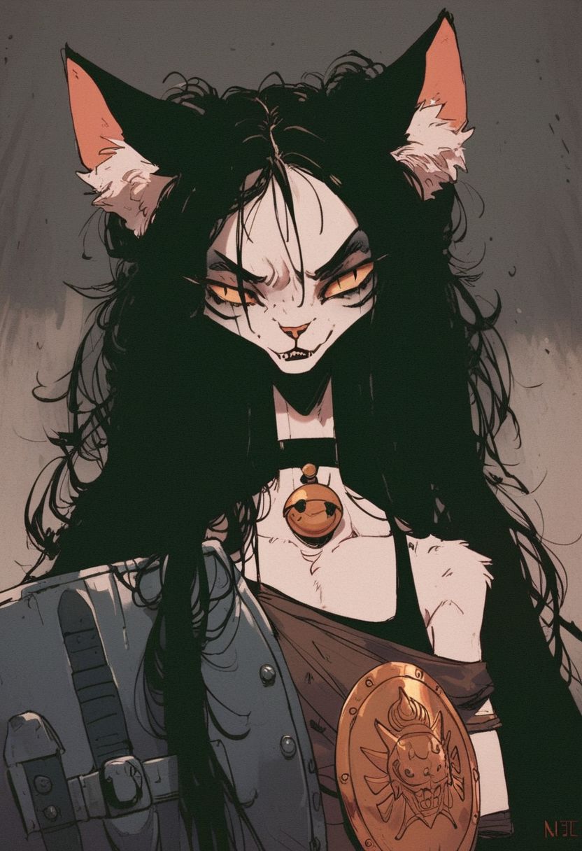 score_9, score_8_up, score_7_up, (cat girls), dystopian future, in a big gladiator arena, anthro, skinny, character portrait, holding a sword and shield, fierce and raging, long hair, choker, oversized clothes, dutch angle, alternate hairstyles, growling