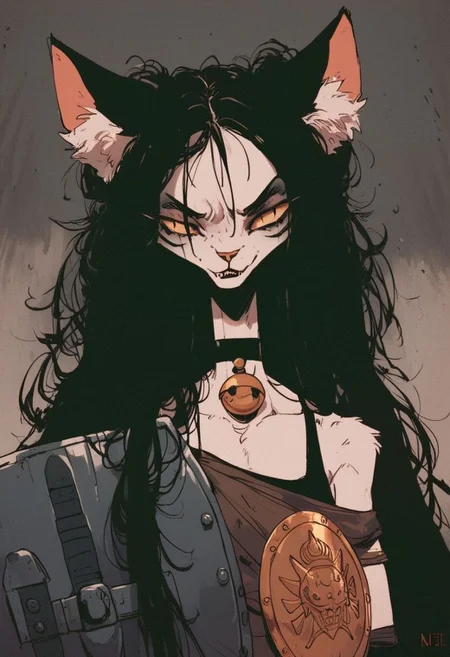 score_9, score_8_up, score_7_up, (cat girls), dystopian future, in a big gladiator arena, anthro, skinny, character portrait, holding a sword and shield, fierce and raging, long hair, choker, oversized clothes, dutch angle, alternate hairstyles, growling