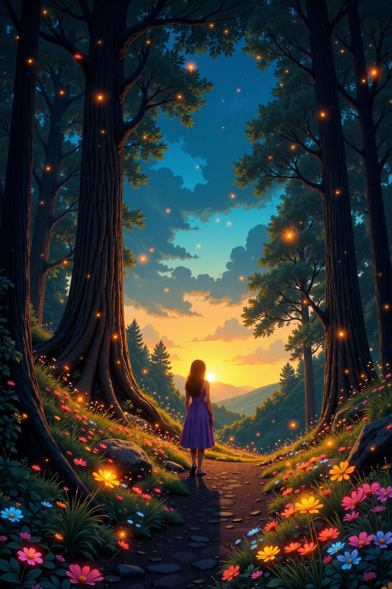 a fantasy forest full of colorful fireflies beautiful landscape, golden hour, woman, very intricate, very detailed, sharp, bright, colorful, <lora:Hand v2:0.5> <lora:Anti-Blur:1><lora:Insane Detail Slider:0.25>  <lora:flux.1_lora_flyway_Epic-detail_v2:0.3> <lora:fluxenhancer:0.25> <lora:ROWER:0.6> <lora:flux-charmer-v1-1:0.4>   <lora:Comicbook_Flux:1> ff-comic
