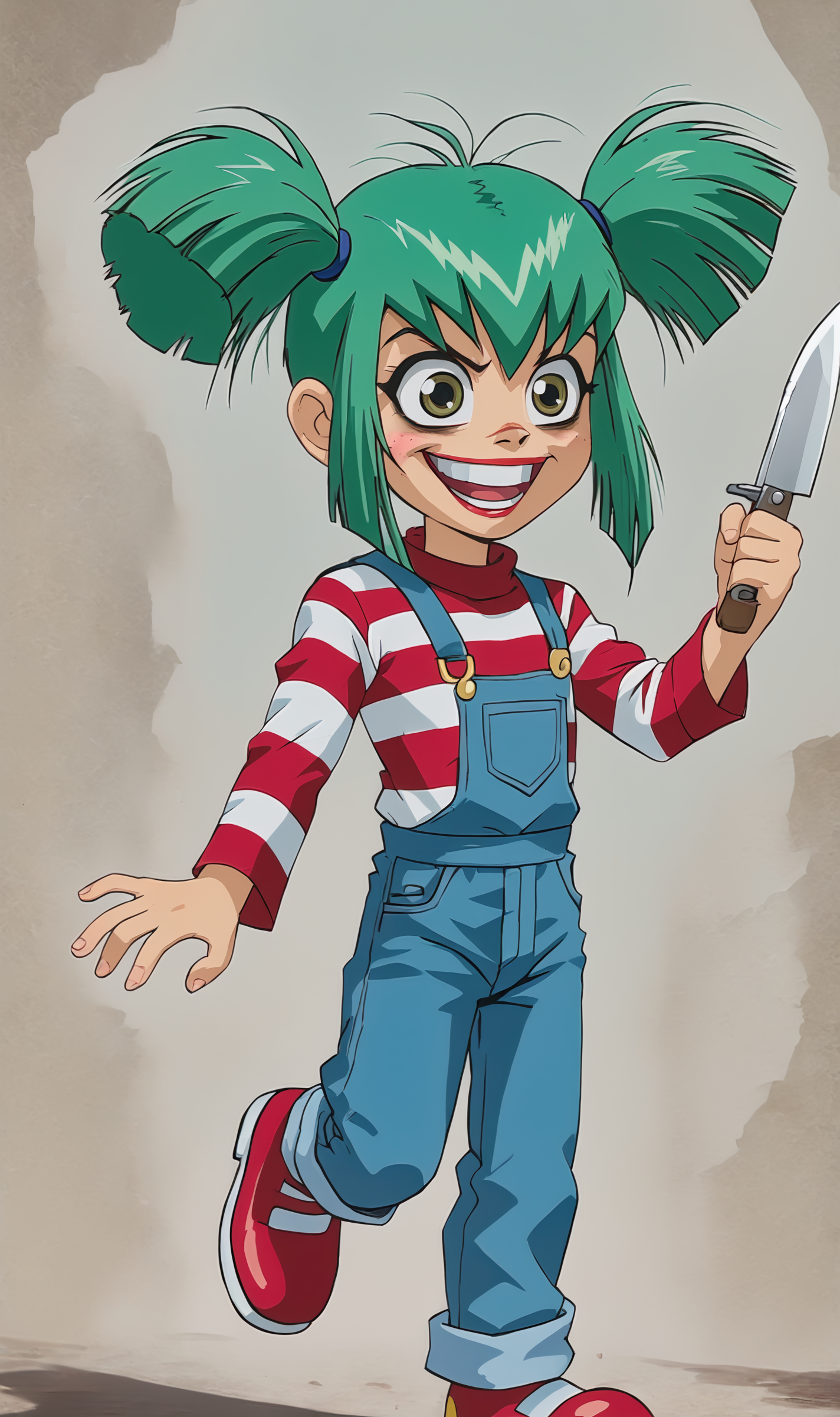 Luna, 1girl, solo, green hair, green eyes, messy hair, flat chest, crazy smile, blue overalls, striped long sleeve shirt, red shoes, chucky, holding knife, <lora:Luna Pony XL:0.8>