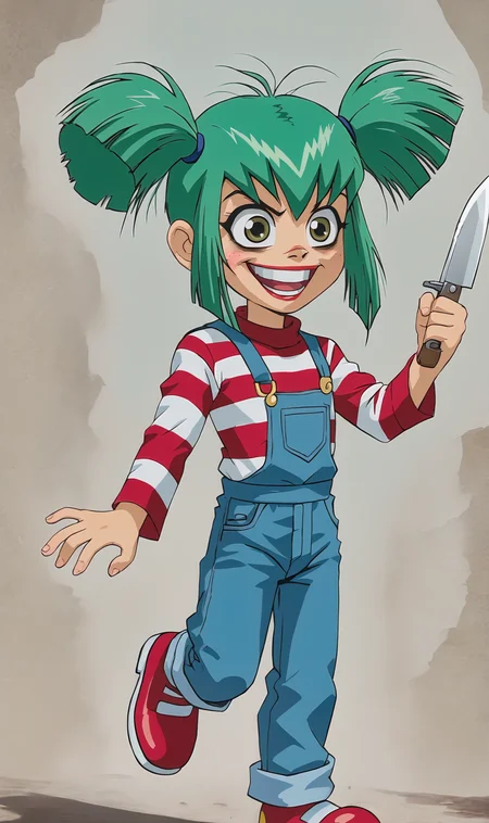 Luna, 1girl, solo, green hair, green eyes, messy hair, flat chest, crazy smile, blue overalls, striped long sleeve shirt, red shoes, chucky, holding knife, <lora:Luna Pony XL:0.8>
