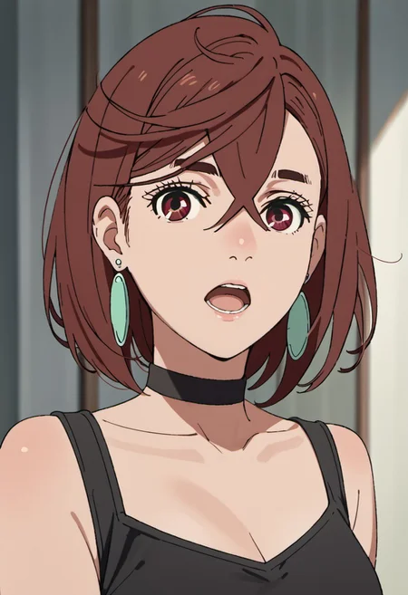 score_9, score_8_up, score_7_up, source_anime, ayase momo, auburn hair, brownish crimson eyes, short hair, 1girl, solo, earrings, jewelry, choker, open mouth, hair between eyes, looking at viewer, black choker