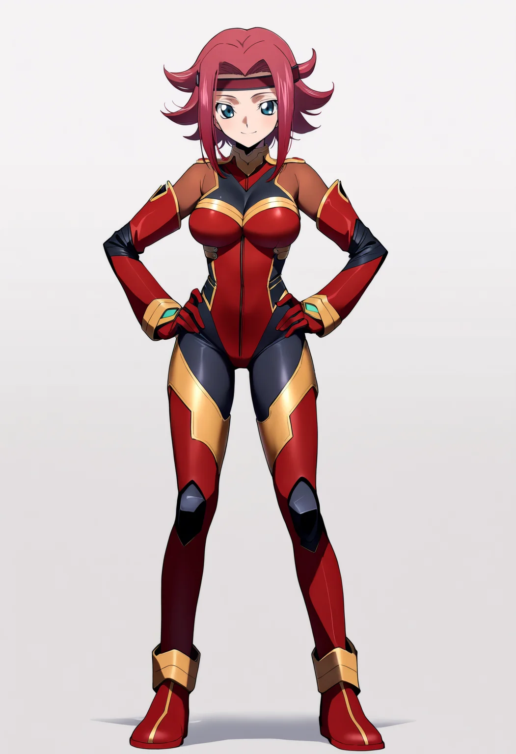 masterpiece, best quality, very aesthetic, absurdres,
1girl, kouzuki kallen, red hair, short hair, blue eyes, flipped hair, headband,
pilot suit, red bodysuit, bodysuit,
full body, standing, hands on hips,
smile, solo, looking at viewer, simple background, white background, <lora:KallenKouzukiMovieNoobXLV2_byKonan:1>