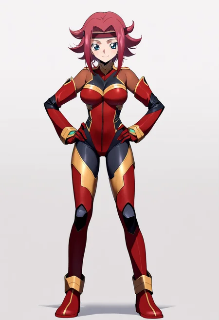 masterpiece, best quality, very aesthetic, absurdres,
1girl, kouzuki kallen, red hair, short hair, blue eyes, flipped hair, headband,
pilot suit, red bodysuit, bodysuit,
full body, standing, hands on hips,
smile, solo, looking at viewer, simple background, white background, <lora:KallenKouzukiMovieNoobXLV2_byKonan:1>