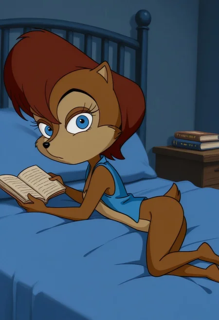 best quality, masterpiece, solo, sally acorn, sleeveless blue jacket, looking at viewer, bedroom, laying on bed, reading, book, (chibi:0.5)